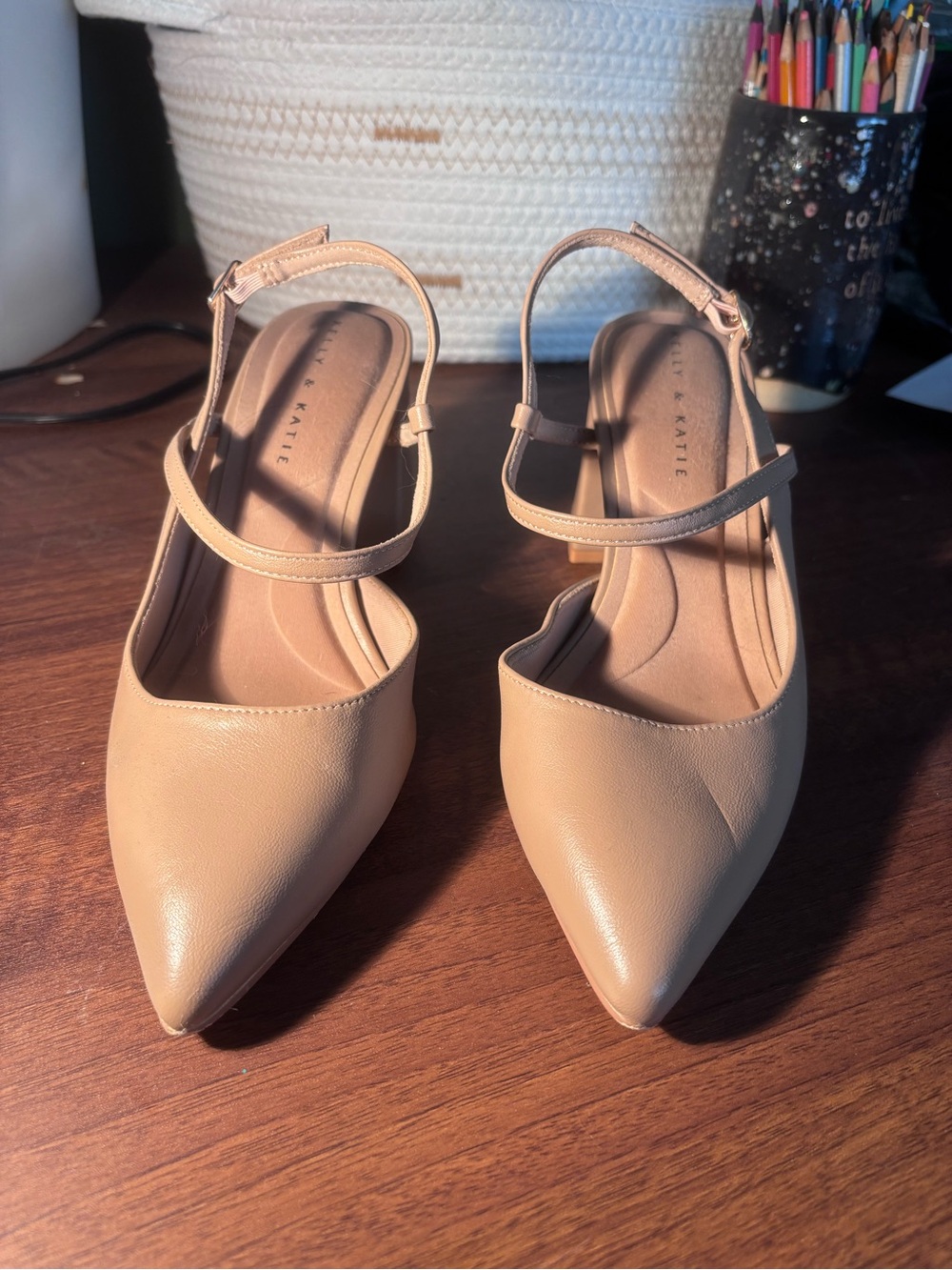 Beige Pointed-Toe Slingback Heels